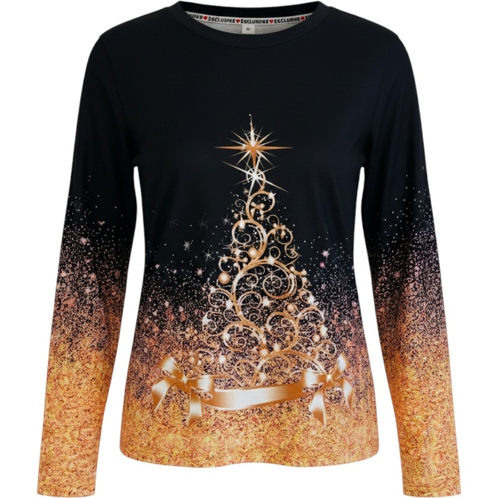 Exclusive Christmas Long Sleeve Top Womens Medium Black Gold Tree Confetti NEW